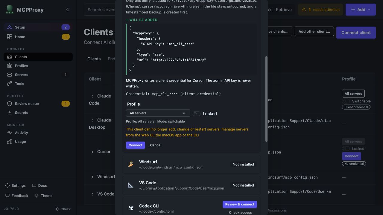 Real MCPProxy Web UI configuration preview for Cursor, with the client credential masked